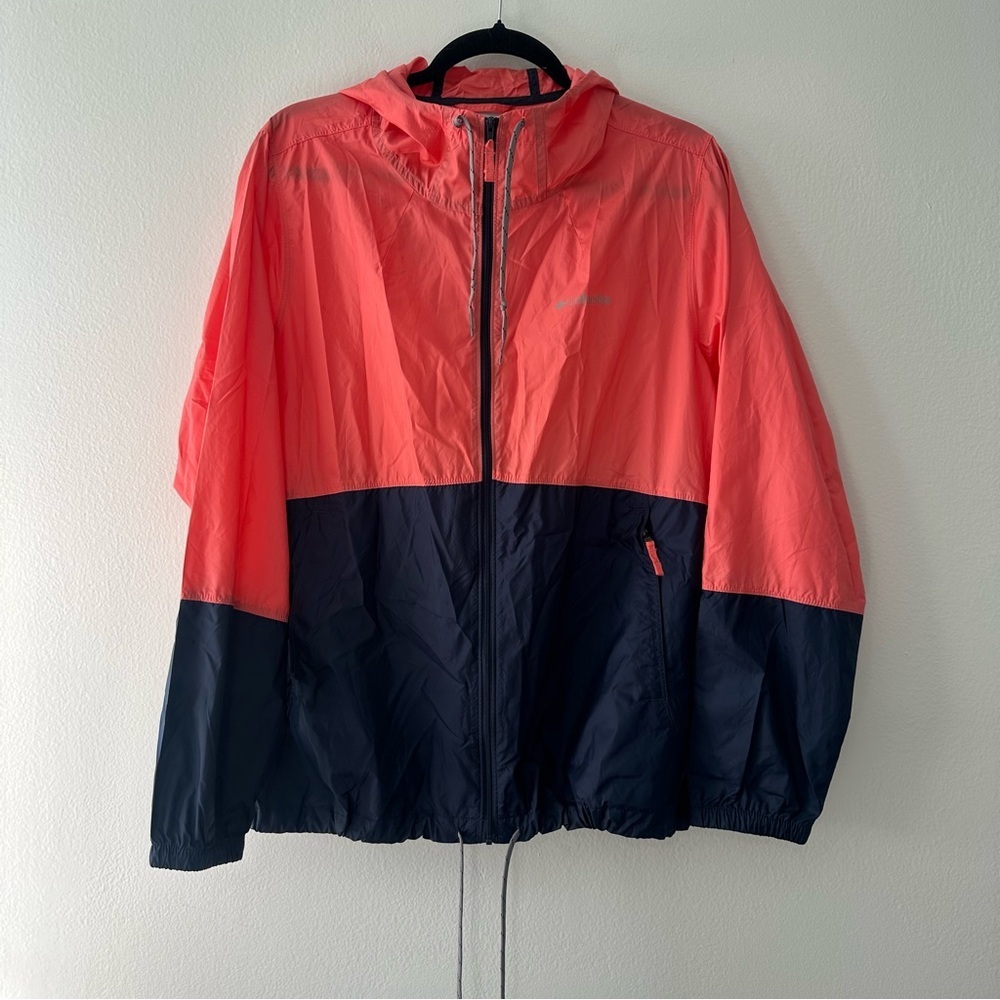 Columbia Coral & Navy Lightweight Windbreaker Women’s Sz L Hooded Full Zip